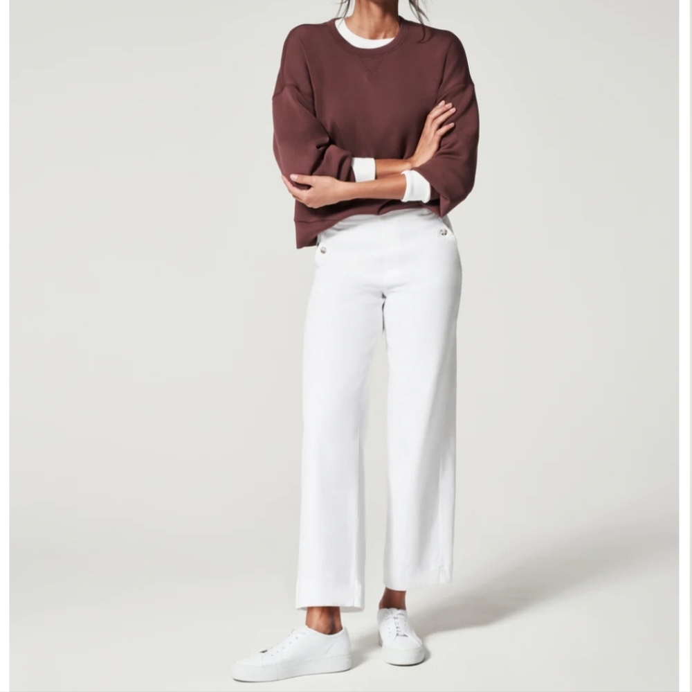 Spanx stretch twill cropped wide leg bright white pants size small